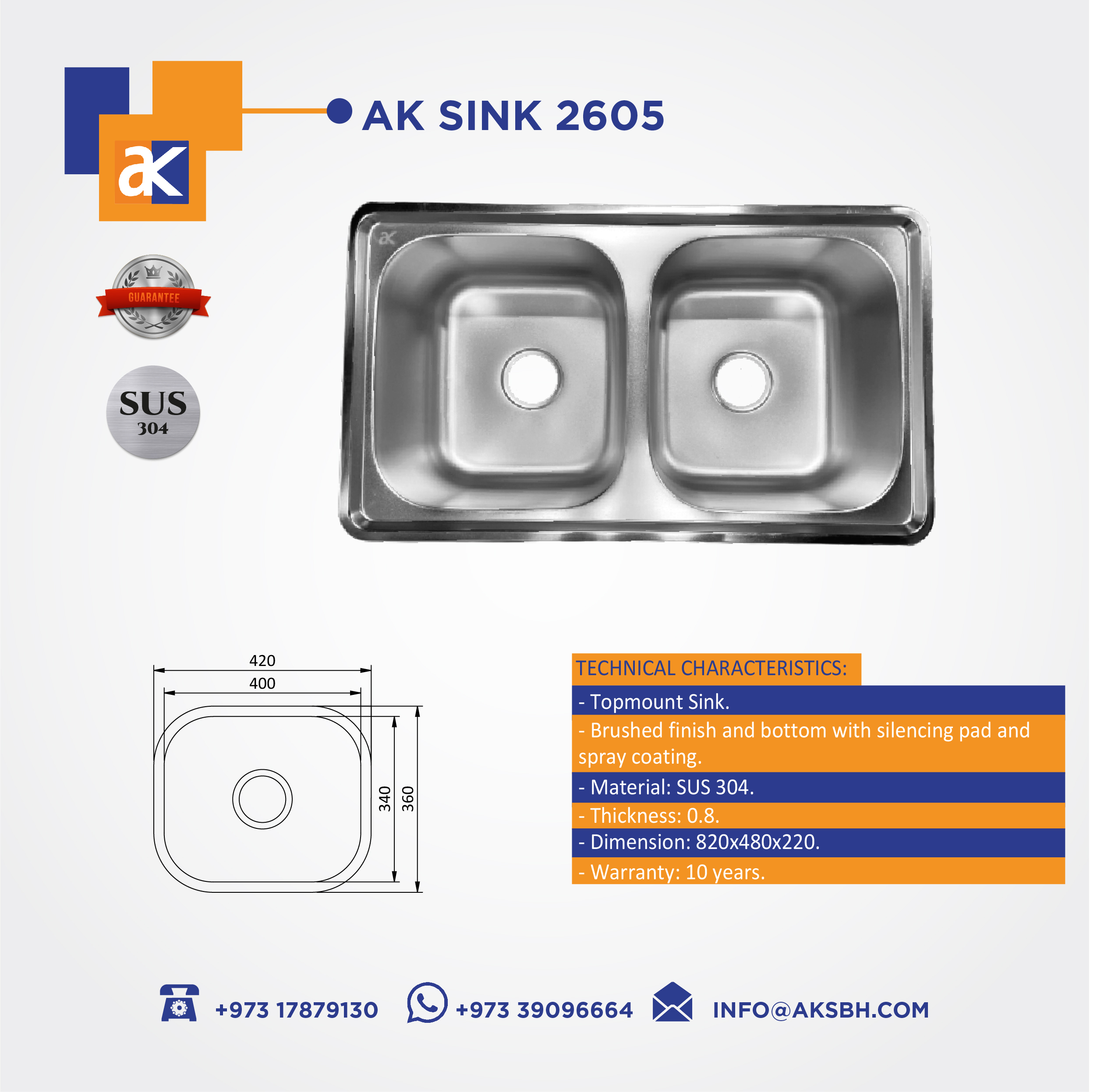 Buy Ak Sink 2605 Electroplated - SS304 Online | Construction Finishes | Qetaat.com